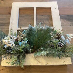 Holiday Farmhouse Rustic Window Frame w/ artificial greenery & berries 24x18x8